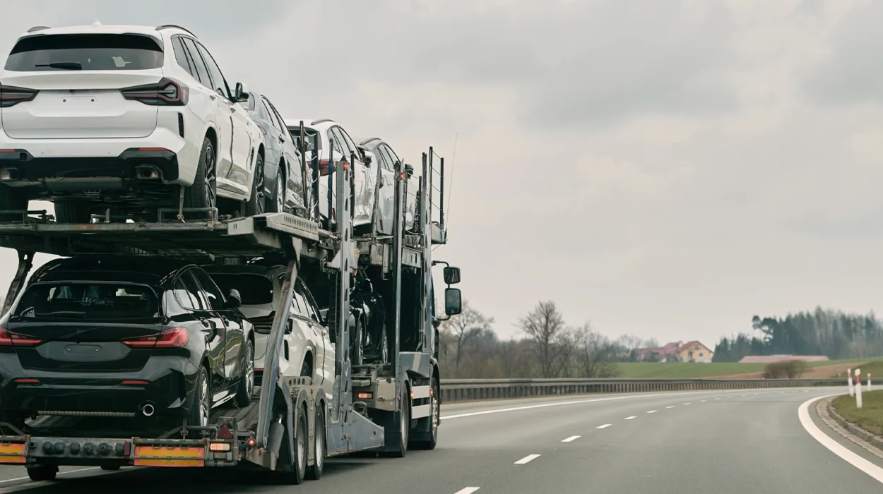 car transporter carries new luxury vehicles along the highway, back view of the trailer